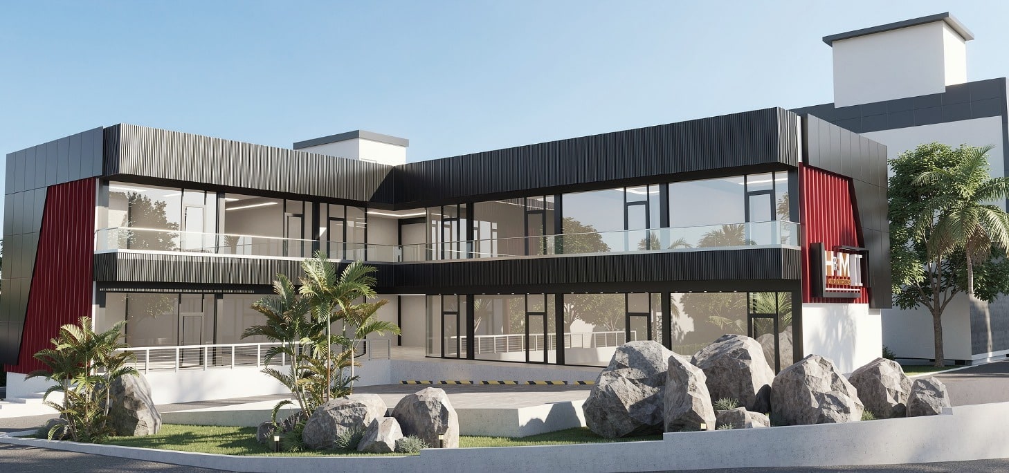 Render del edificio comercial JH&M II en la Av. Ecológica, Santo Domingo Este