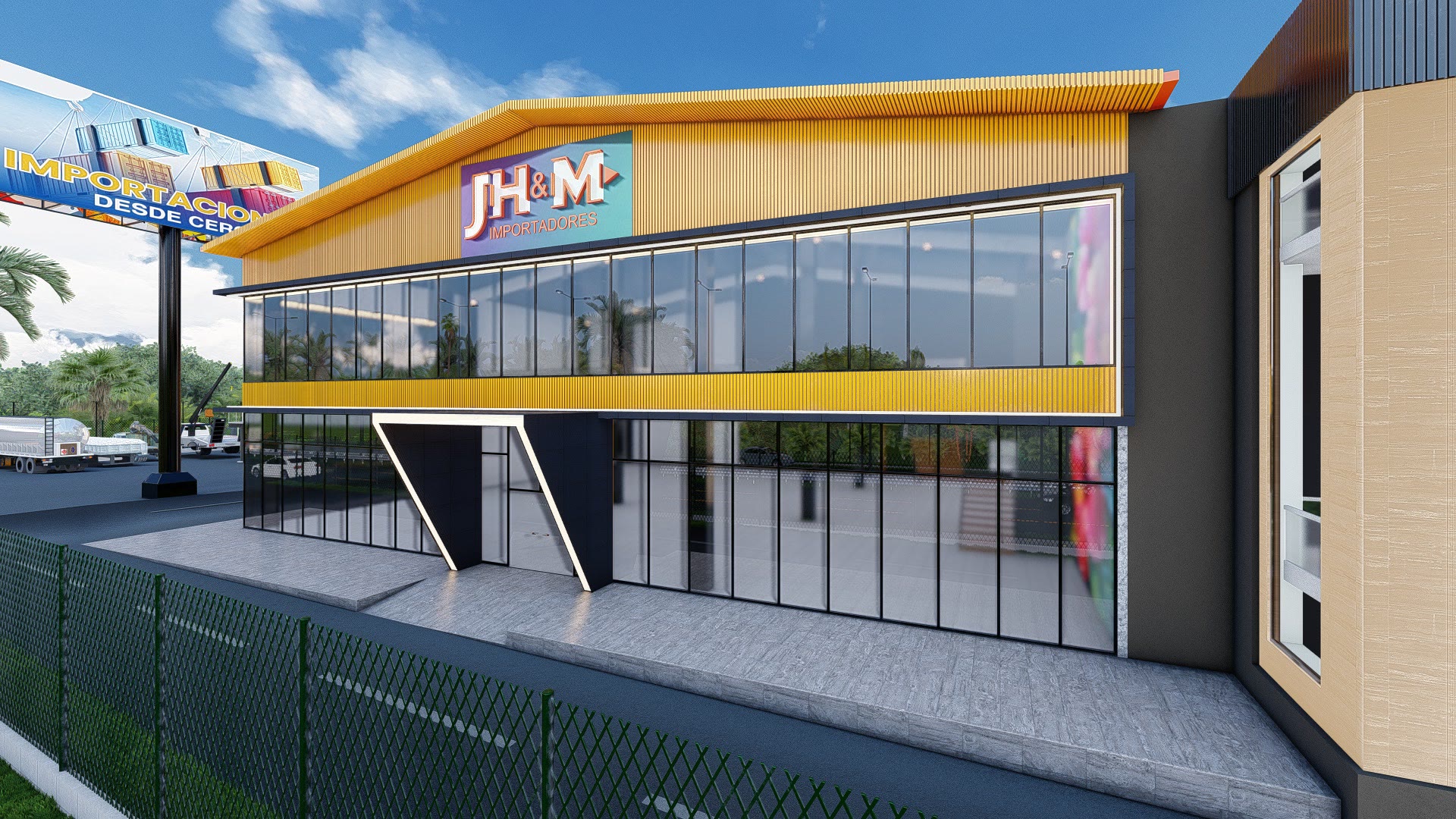Render del proyecto: acceso principal y señalización corporativa
