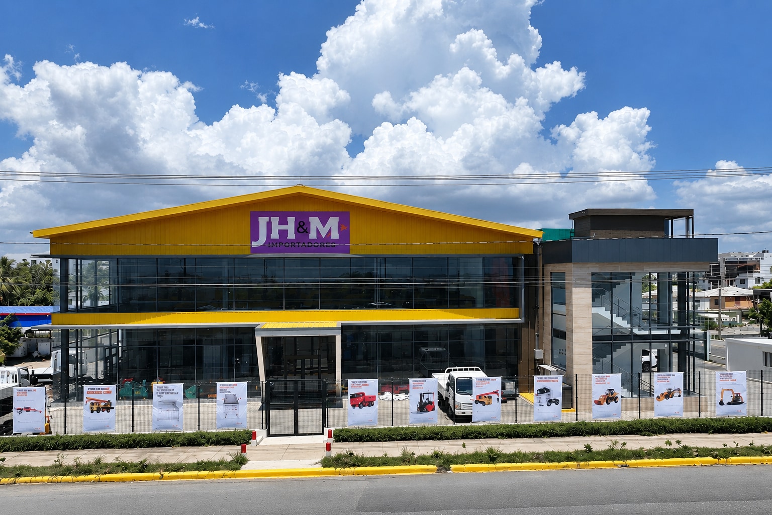 Fachada del edificio de Grupo JH&M Importadores con letrero corporativo y banners de productos