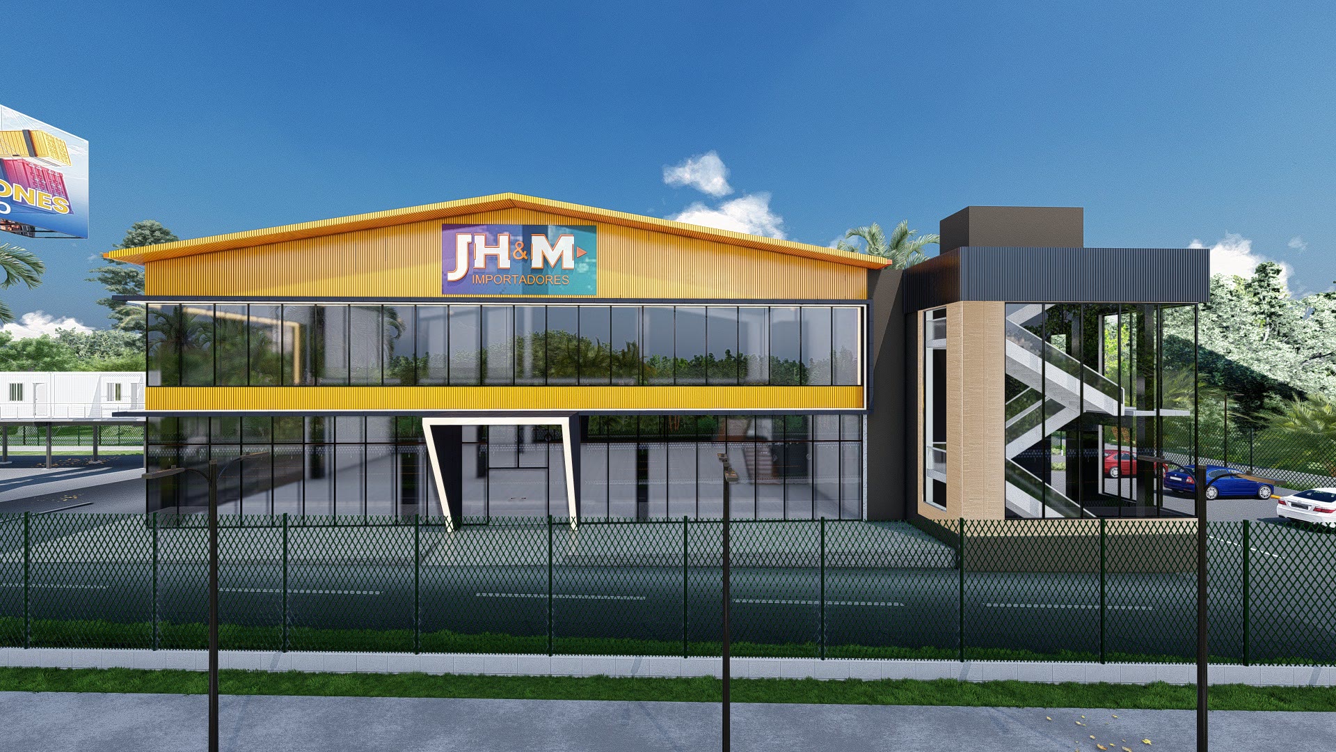 Render del proyecto: fachada frontal con cerramiento de cristal