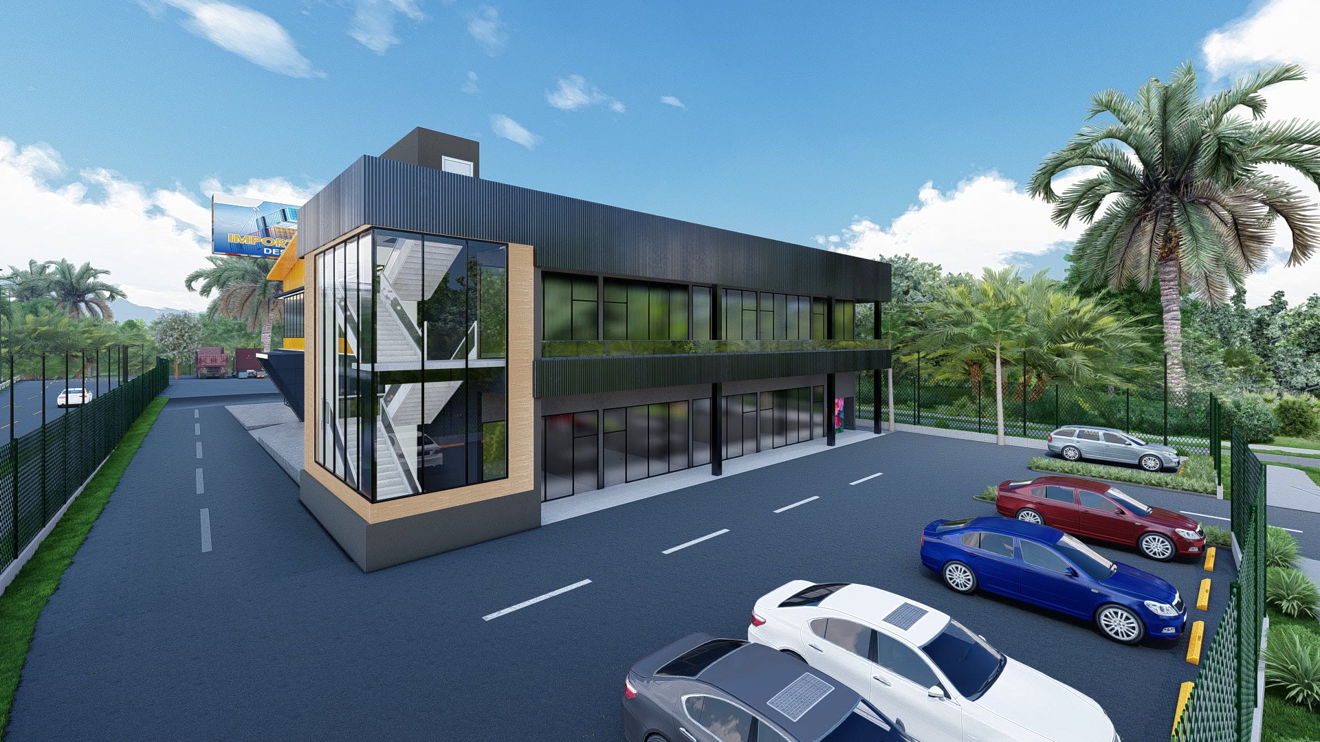 Render del proyecto: volumen completo visto desde la avenida
